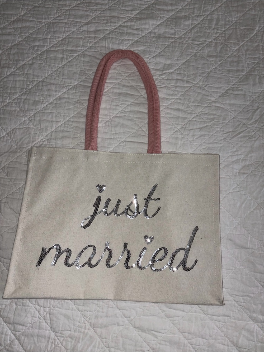 Canvas 'Just Married' Tote Bag with Pink Handles